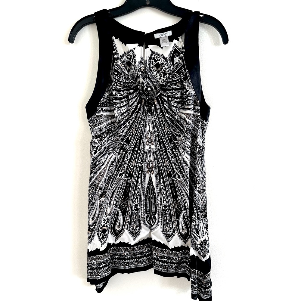 Cache black & white print blouse with beautiful design dress up or down size M